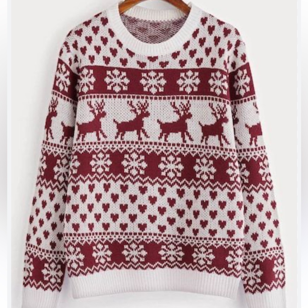 SHEIN Burgundy and White Reindeer Christmas Sweater 5